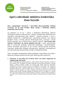 Apel o odwołanie ministra środowiska Jana Szyszki