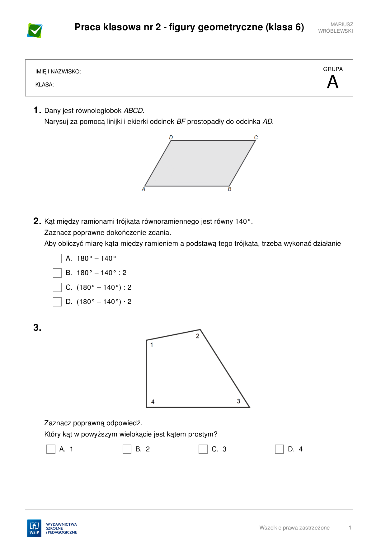 Pola Figur Klasa 6 Sprawdzian Praca klasowa nr 2 - figury geometryczne (klasa 6) 3.