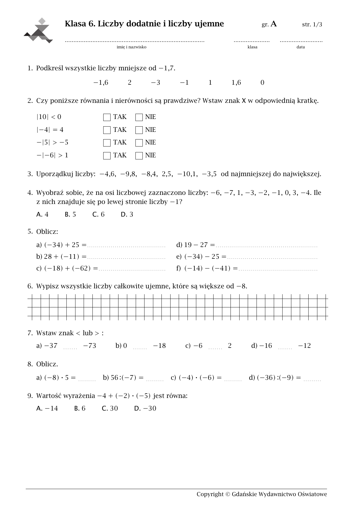 Test Z Matematyki Klasa 6 Pdf Matematyka z kluczem klasa 6. Liczby dodatnie i liczby ujemne